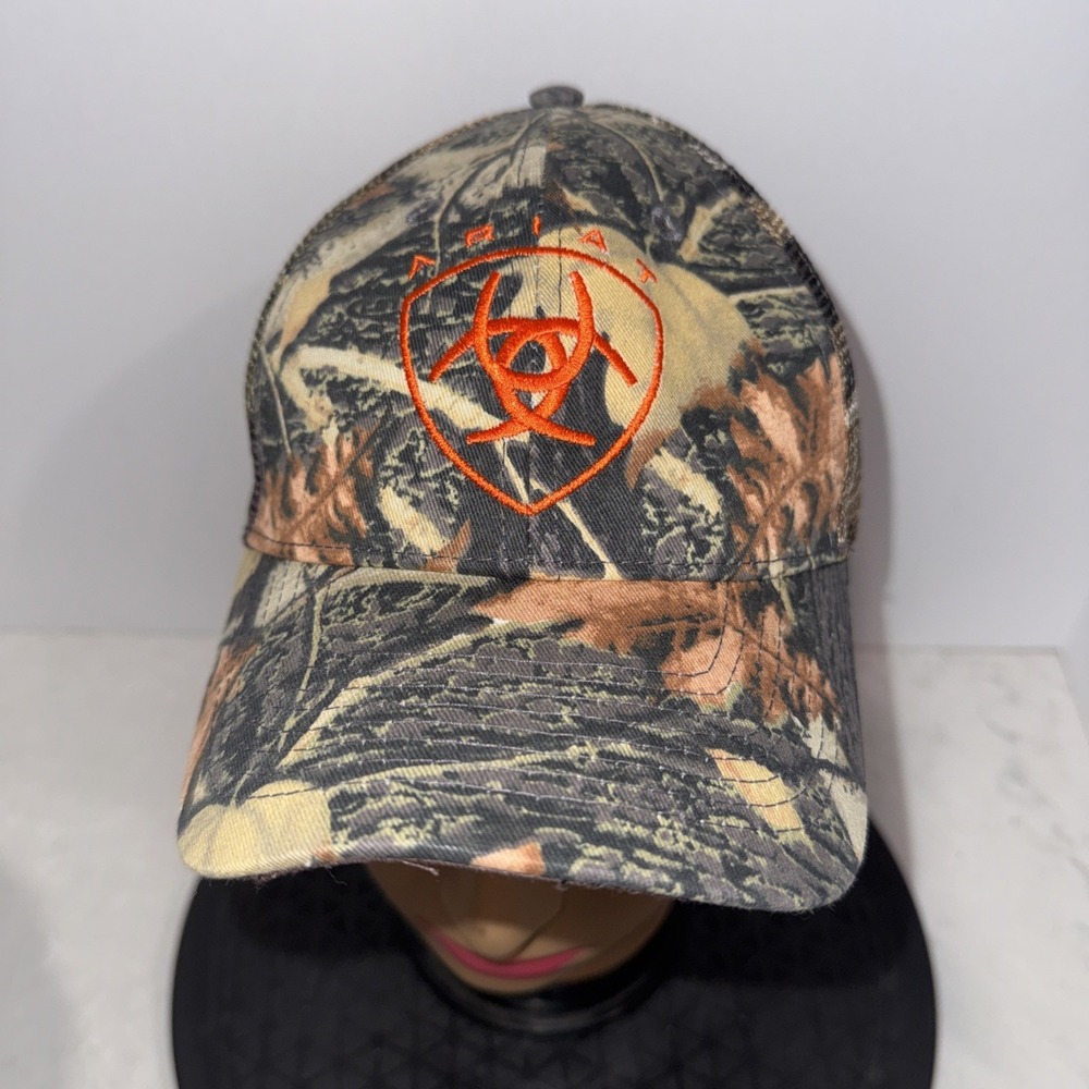 Ariat Men's Camo Trucker Cap Hat Snap Back orange logo